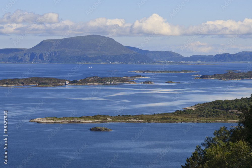 View from Aksla hill over islands and green hills, Alesund, More og Romsdal View from Aksla hill over islands and green hills, Alesund, More og Romsdal
