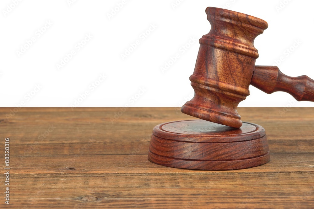 Judges Wood Desk With Gavel On The Sound Board Isolated Judges Wood Desk With Gavel On The Sound Board Isolated