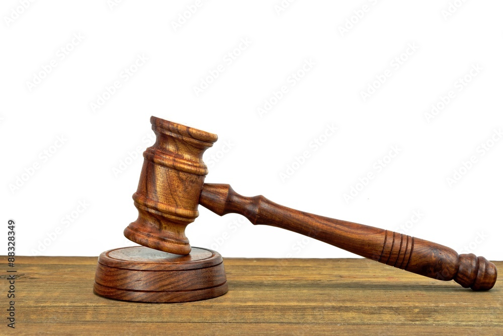 Judges Wood Desk With Gavel On The Sound Board Isolated Judges Wood Desk With Gavel On The Sound Board Isolated