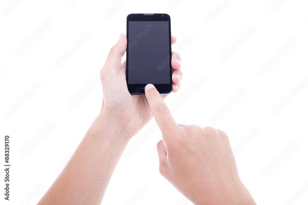 male hands taking photo with mobile smart phone with blank scree male hands taking photo with mobile smart phone with blank scree