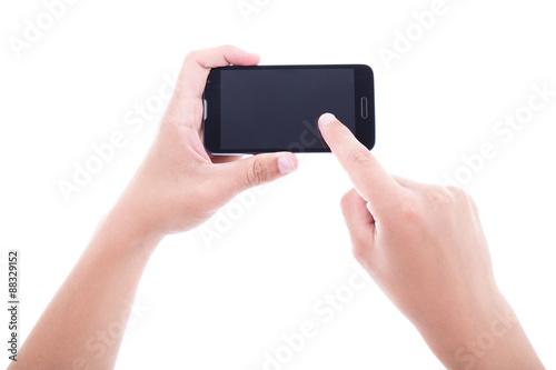 close up of male hands using smart phone with blank screen isola