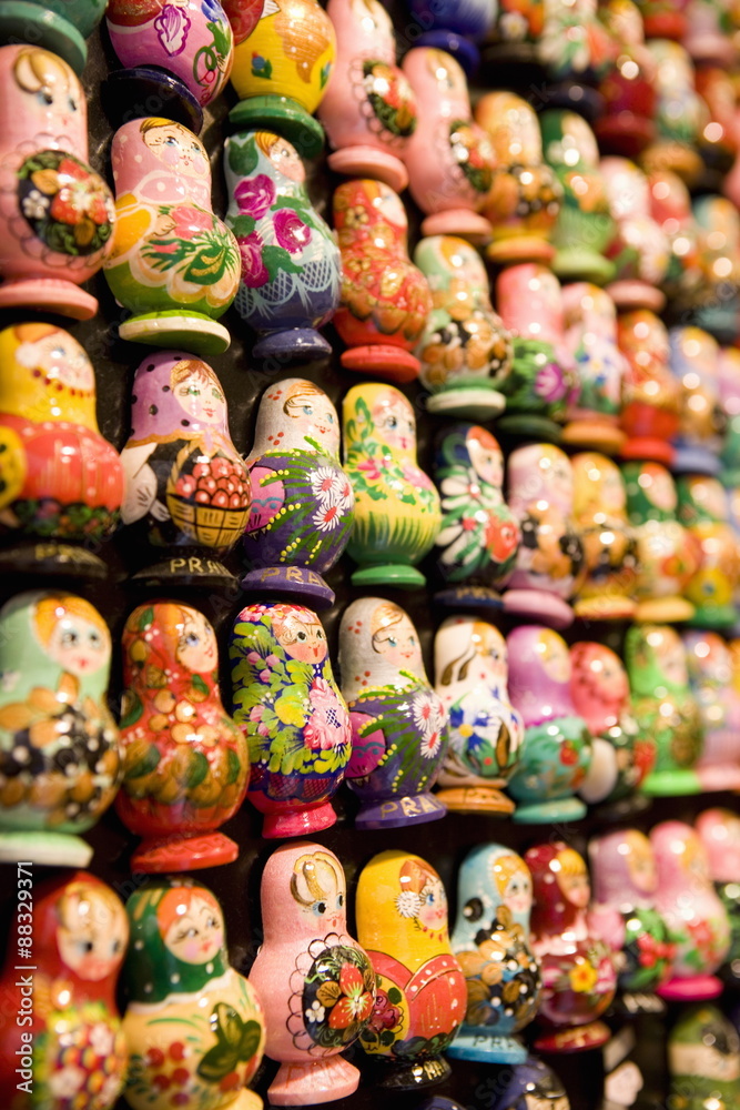 Display of Russian doll fridge magnets in shop, Old Town, Prague, Czech Republic Display of Russian doll fridge magnets in shop, Old Town, Prague, Czech Republic