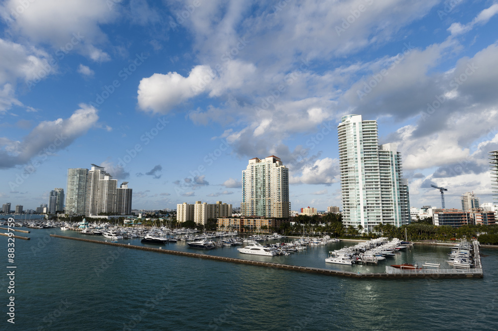 Skyscrapers and marina, South Beach, Miami Beach, Florida