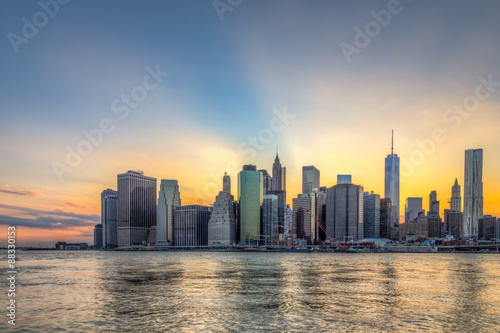 New York City downtown skyline in beautiful sunset