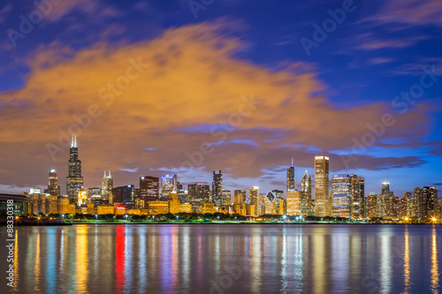 Chicago downtown skyline and lake michigan at night