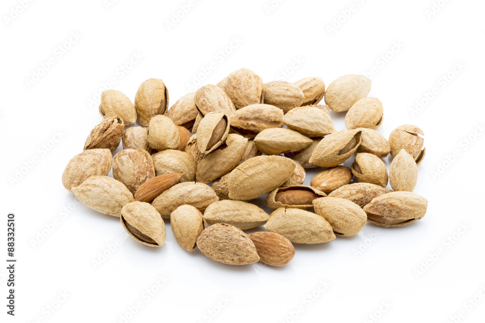 Almonds on the white isolatd background.