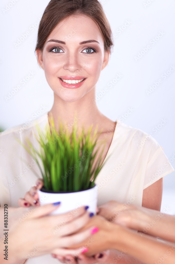 Beautiful woman holding pot with a plant, standing Beautiful woman holding pot with a plant, standing