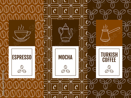 Vector set of design elements and icons in trendy linear style for coffee. Espresso, mocha, turkish coffee
