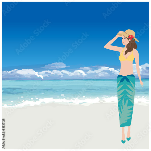 夏　海　沖縄　イラスト　女性