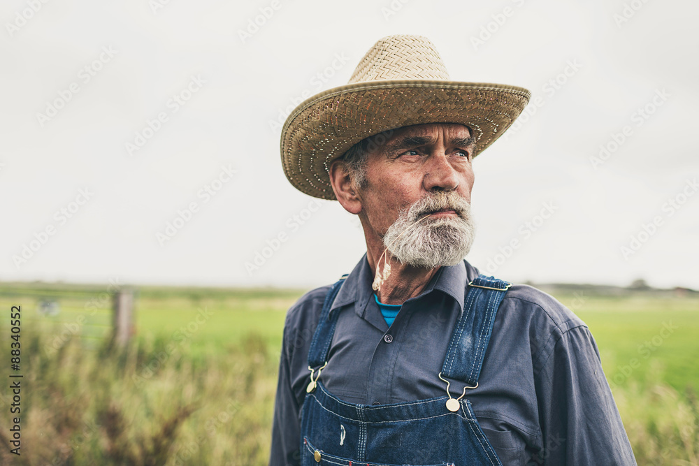 Fototapeta premium Pensive Farmer at the Farm Looking into Distance