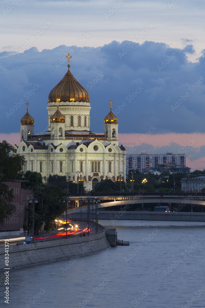 River Moskva and the Cathedral of Christ the Redeemer at night, Moscow, Russia