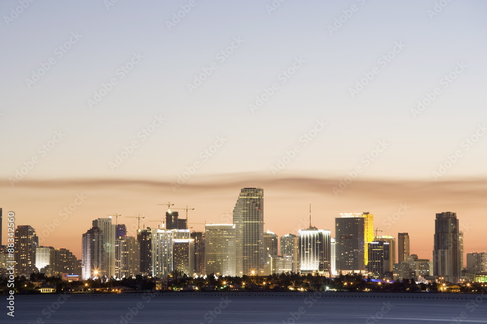 Miami downtown skyline at dusk, viewed from Julia Tuttle causeway, Miami, Florida