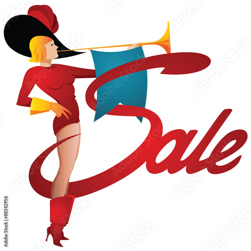 Vector illustration. Funny girl trumpeter calling on sale.