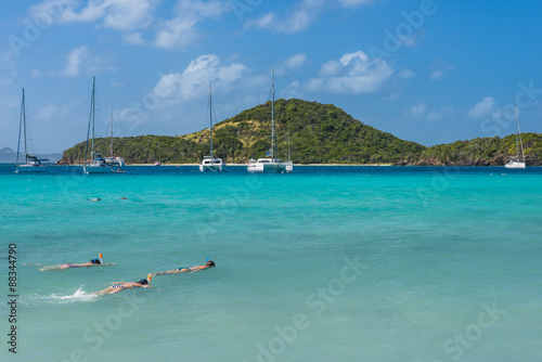 Tourists snorkeling in the turquoise waters of the Tobago Cays, The Grenadines, St. Vincent and the Grenadines, Windward Islands photo