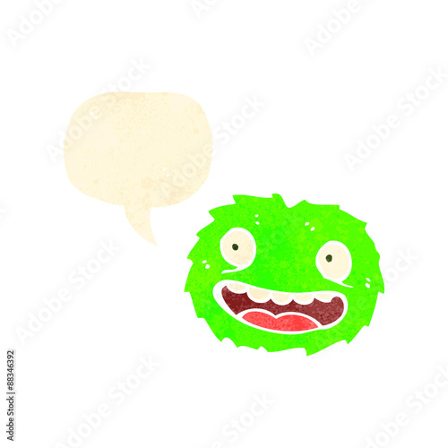 happy little furball monster with speech bubble