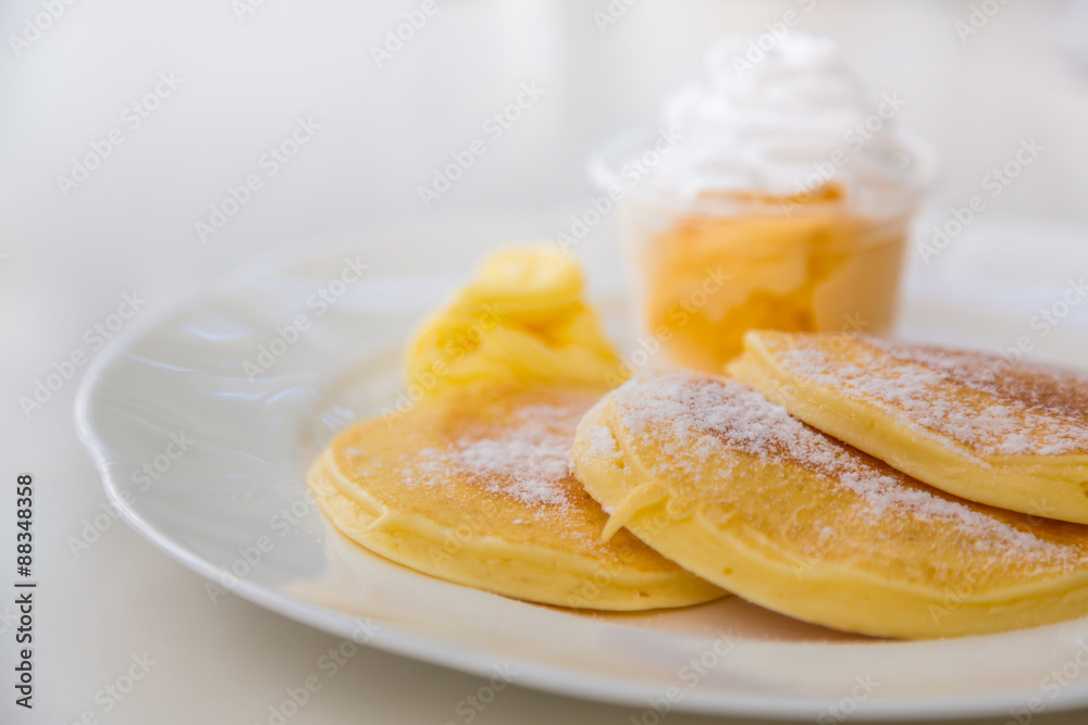 Pan cake with ice cream on table Pan cake with ice cream on table