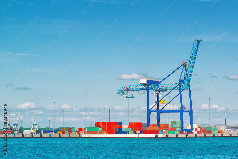 Fototapeta premium Industrial Sea Port with Crane and Cargo Containers