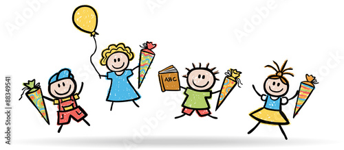 Schulkinder mit Schultüten springend, Kreide, Vektor, freigestellt