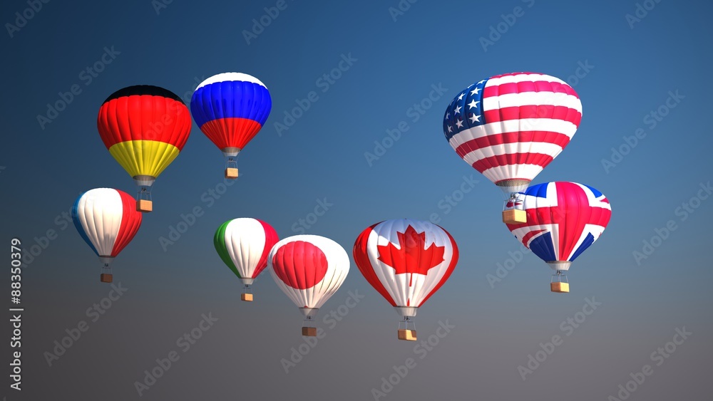 Fototapeta premium Colorful hot air balloons with flags of USA, UK, Germany, Canada, Japan, Italy against blue sky