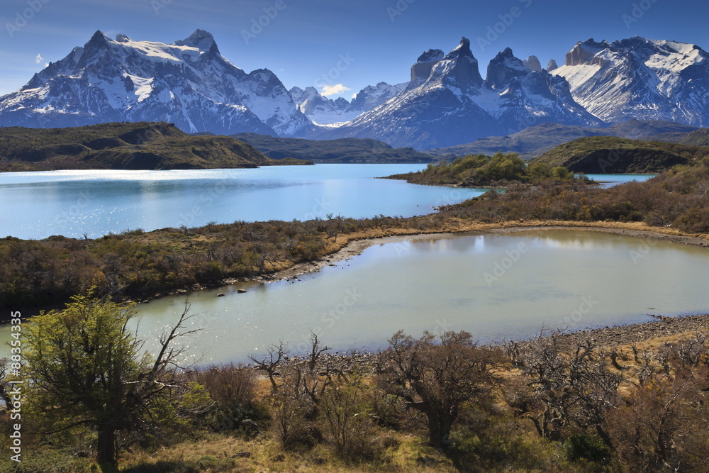 Lago Pehoe and Cordillera del Paine in late afternoon, Torres del Paine National Park, Patagonia, Chile Lago Pehoe and Cordillera del Paine in late afternoon, Torres del Paine National Park, Patagonia, Chile