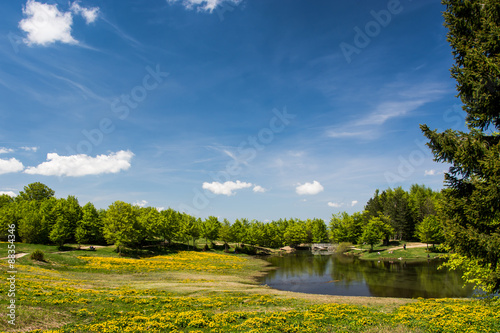 Idyllic spring landscape with mountain lake and beautiful sky