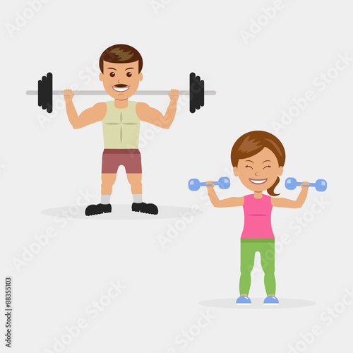 Man and woman doing exercises with dumbbells and barbell