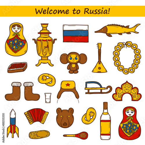 Set of hand drawn objects on Russia theme: balalaika, vodka