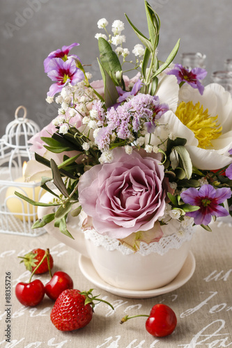 Romantic bouquet of roses and peonies