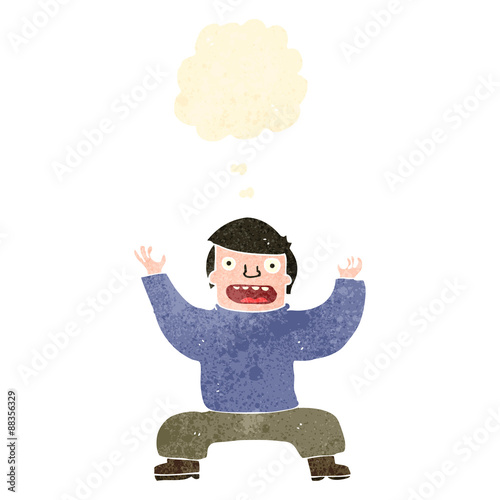 retro cartoon squatting man with thought bubble