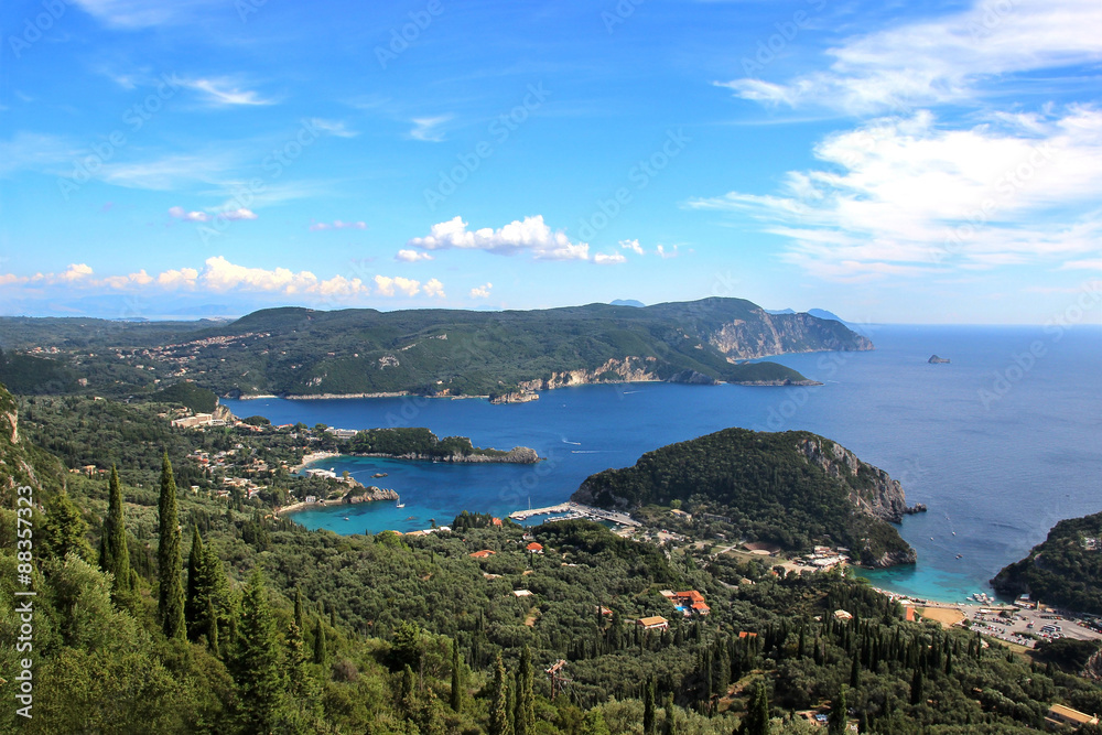 Sea view. Mountain view. Beautiful Paleokastritsa and ionian sea. Panorama of sea coast