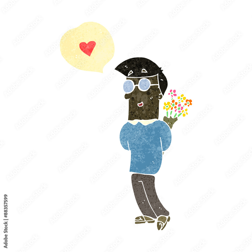 retro cartoon man with flowers