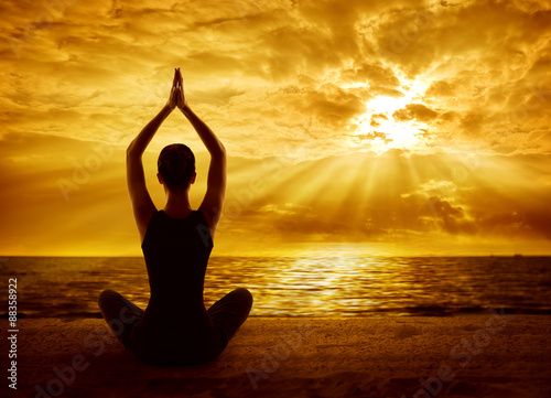 Yoga Meditation Concept, Woman Silhouette Meditating in Healthy
