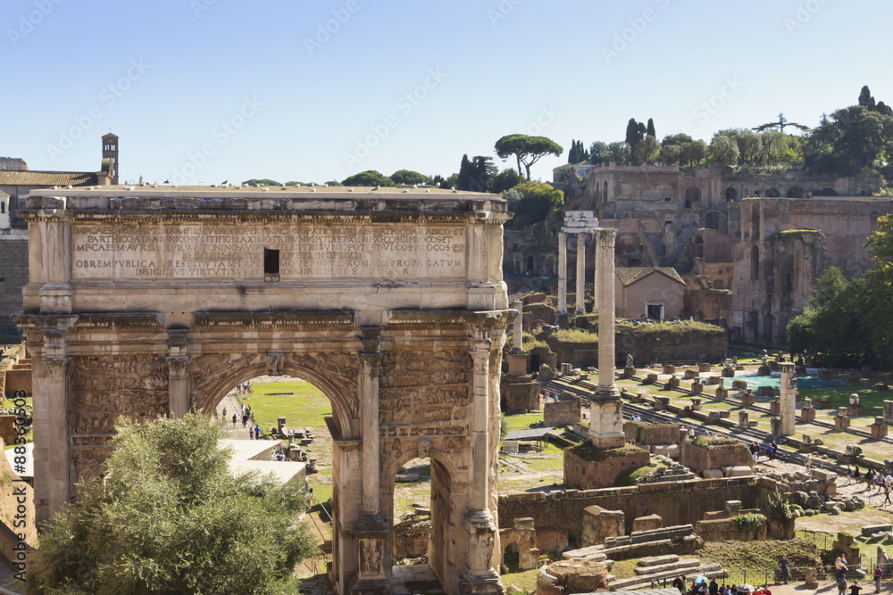 Elevated view from behind the Capitol of the Arch of Septimius Severus in the Forum, Rome, Lazio Elevated view from behind the Capitol of the Arch of Septimius Severus in the Forum, Rome, Lazio