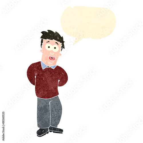 retro cartoon shy man with speech bubble