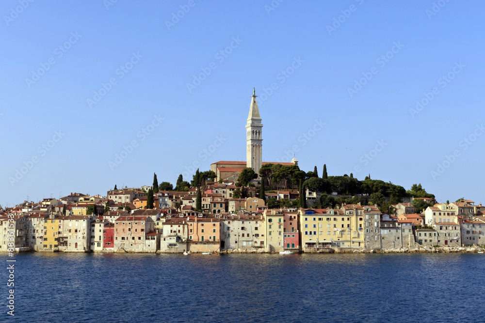 Church of St. Euphemia and Old Town from the sea on a summer's early morning, Rovinj (Rovigno) peninsula, Istria, Croatia Church of St. Euphemia and Old Town from the sea on a summer's early morning, Rovinj (Rovigno) peninsula, Istria, Croatia