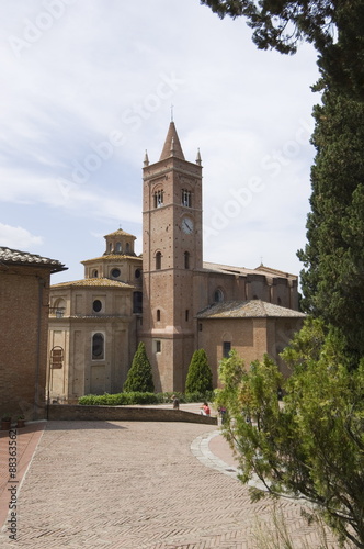 Benedictine Monastery famous for frescoes in cloisters depicting the life of St. Benedict, Monte Oliveto Maggiore, Tuscany photo