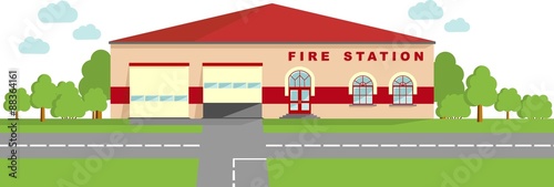 Fire station concept. Panoramic background with fire station building in flat style.