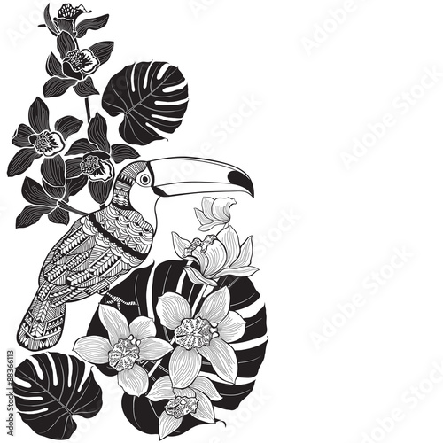 Toucan with tropical floral. Monochrome tropical background.