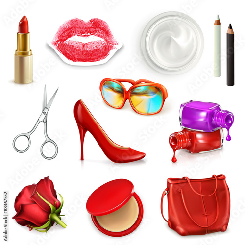 Red ladies handbag with cosmetics, accessories
