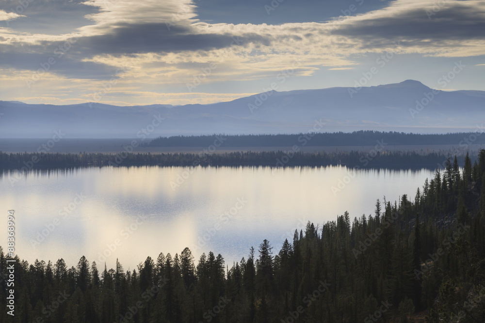Jenny Lake from Inspiration Point on a hazy autumn (fall) day, Grand Teton National Park, Wyoming Jenny Lake from Inspiration Point on a hazy autumn (fall) day, Grand Teton National Park, Wyoming