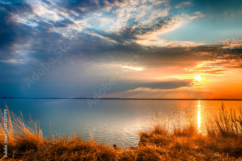 Sunset at the Gorky reservoir lake