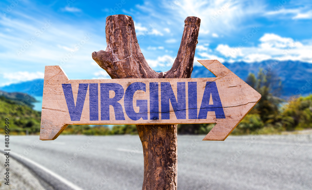 Virginia wooden sign with highway on background