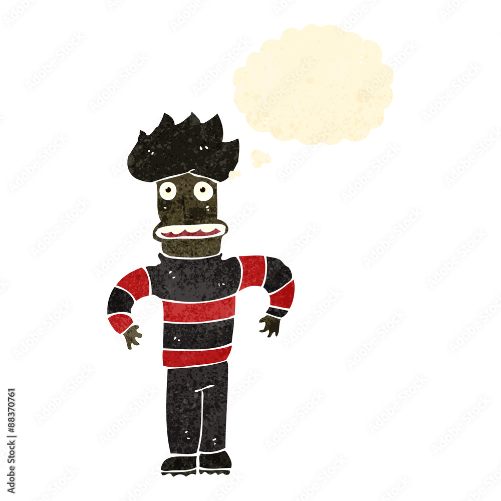 retro cartoon anxious man with thought bubble