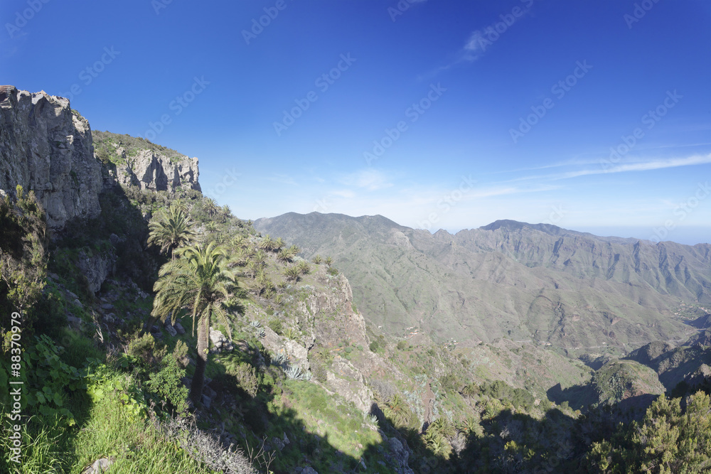 Degollada de Pereza y San Sebastian viewing point, Garajonay Parque National, near San Sebastian, La Gomera, Canary Islands, Spain Degollada de Pereza y San Sebastian viewing point, Garajonay Parque National, near San Sebastian, La Gomera, Canary Islands, Spain
