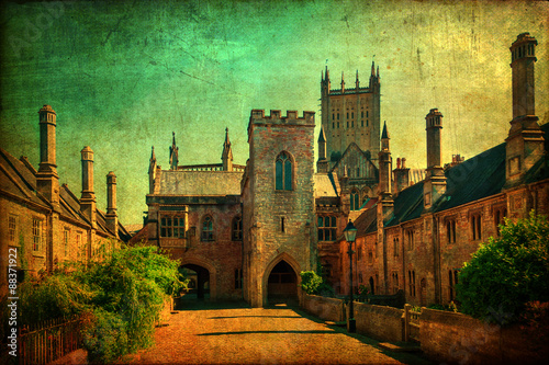 Fotografi nostalgisch texturiertes Bild von Vicars Close in Wells, Somerset, England