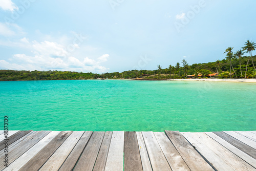 Wooden platform beside turquoise sea at Koh Kood Island ,Thailand