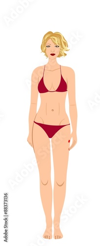 The blond in a red bathing suit isolated on a white background