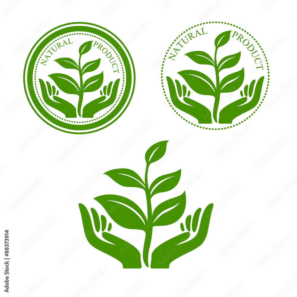 Natural product icon with hands and plant Natural product icon with hands and plant