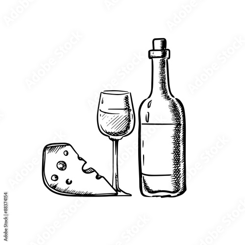 Wine bottle with glass and cheese
