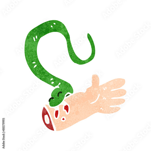 retro cartoon snake biting arm